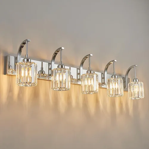Vista 11 de Luces de Tocador de Cristal de 5 Luces, Luces de Tocador de Baño Cromadas, Accesorios Modernos de Iluminación de Baño de Cristal sobre Espejo, Luz