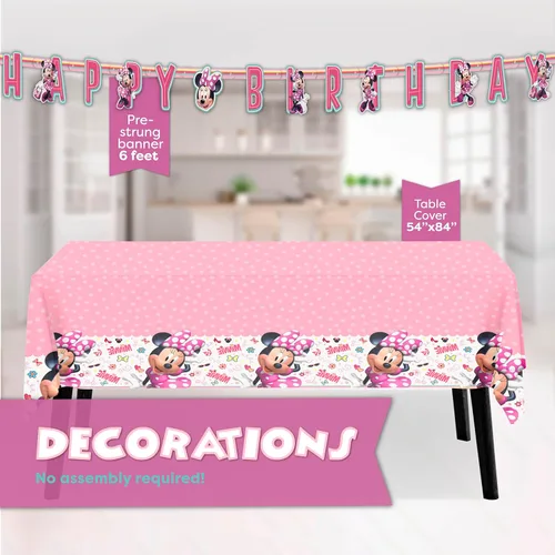 Vista 3 de Decoraciones de cumpleaños de Minnie Mouse Sirve a 16 invitados Pancarta, cubierta de mesa, platos, servilletas, calcomanías, licencia