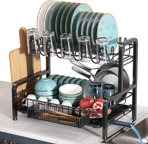 Escurridor de platos de dos niveles para encimera de cocina, grande, de acero inoxidable, con tablero de drenaje, ahorro de espacio, grandes placas