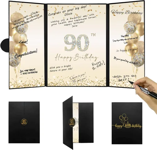 DARUNAXY Decoraciones de Fiesta de Cumpleaños 90 Años Negro Dorado, Feliz Cumpleaños 90 Libro de Invitados de Firmas Alternativo para Hombres
