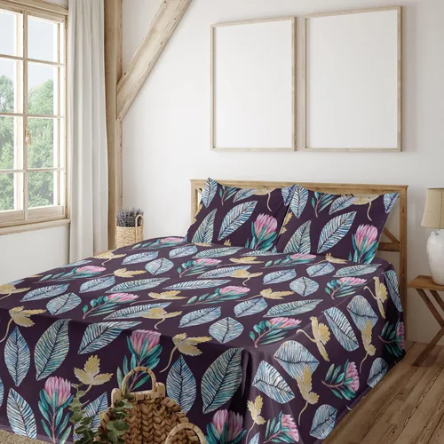 Vista 8 de Ambesonne Forest Sheet Set, Fantasy Jungle Floral Ornaments and Leaves Exotic Print Artwork, Fitted and Flat Sheet with Pillowcases Bedding Accent 4