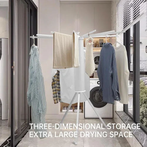 Vista 8 de RUMOSE Trípode de secado de ropa plegable y portátil, para ahorrar espacio, de aluminio, con 16 postes, plateado y blanco, para el suelo, plegable