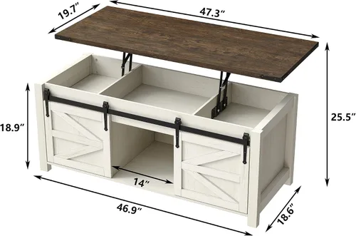 Vista 2 de Furnihold 47.3'' Coffee Table with Storage, Farmhouse Wood Coffee Table with Lifting Top, Sliding Barn Doors, Rustic Rectangle Center Table for