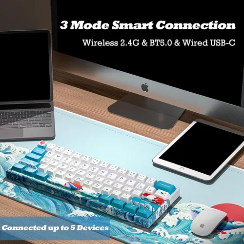 Vista 3 de Teclado mecánico 60% para juegos, trimodo BT5.02.4GHzUSB-C, inalámbricocon cable 19 RGB retroiluminado compacto de 61 teclas mini teclado
