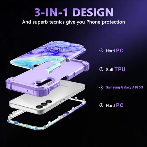 Vista 4 de Casetego Funda para Galaxy A16 5G, Tres Capas de Alta Resistencia Robusta a Prueba de Golpes, Protección Completa Rugosa de PC Duro + Parachoques