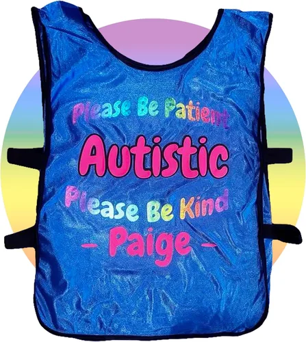 Vista 4 de Chaleco de compasión para autismo - Ropa para personas autistas - Please Be Kind Please Be Patient - Chaleco Spectrum Azul