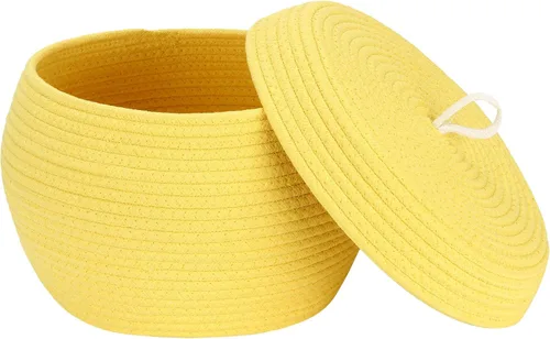 Vista 18 de Sea Team Cesta de almacenamiento redonda de cuerda de algodón con tapa, cesta de almacenamiento tejida con pompones de arcoíris coloridos, maceta