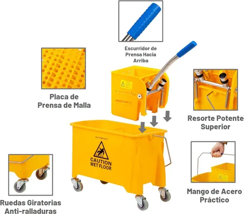 Vista 6 de Mind Reader Cubo para trapeador con escurridor, 22 cuartos (5.5 galones), limpieza de pisos, mango, ruedas, 16.25"L x 10.75"W x 24.5"H, amarillo