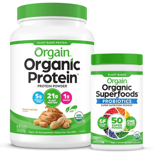 Orgain Polvo de proteína vegana orgánica (mantequilla de maní) Polvo de verduras orgánicas (+50 superalimentos) Paquete