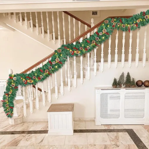 Vista 7 de GUOOU Guirnalda de Navidad Iluminada de 9 Pies (2.7 m), Guirnalda de Navidad a Pilas con Luces, Corona Guirnalda Preencendida para Decoraciones