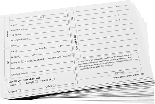 Tarjetas de aseo para perros (paquete de 100 tarjetas de 8 x 5 pulgadas) para peluqueros profesionales de mascotas y gatos, cuidado de perreras