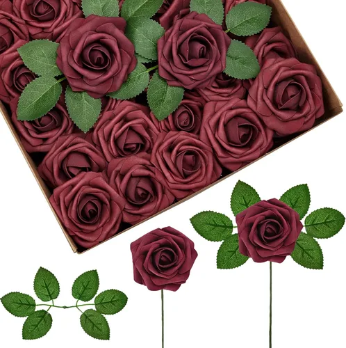Vista 23 de InnoGear Flores artificiales, paquete de 50 unidades, rosas artificiales de espuma negras con tallos a granel para decoración, ramos de boda DIY