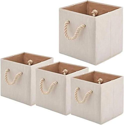 Contenedores plegables de tela de bambú [juego de 4] con asas de cuerda de algodón, canastas organizadoras plegables - 10.5 x 10.5 x 11 pulgadas
