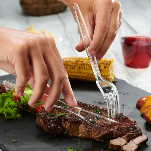 Vista 3 de GUSTO [Paquete combinado de 360 unidades] cubiertos básicos de plástico transparente, utensilios desechables pesados, 180 tenedores, 120 cucharas