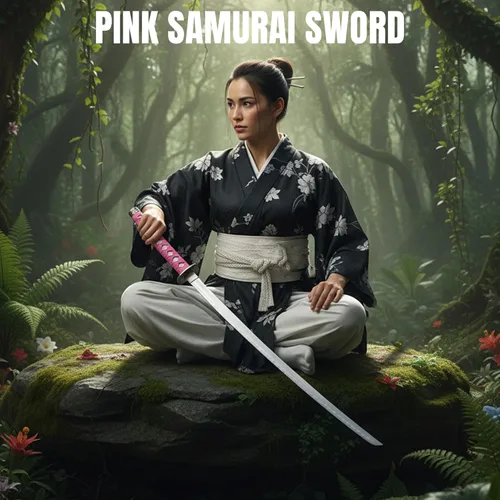 Vista 6 de Katana de dragón antiguo de 3 piezas rosa con vaina grabada y soporte de exhibición