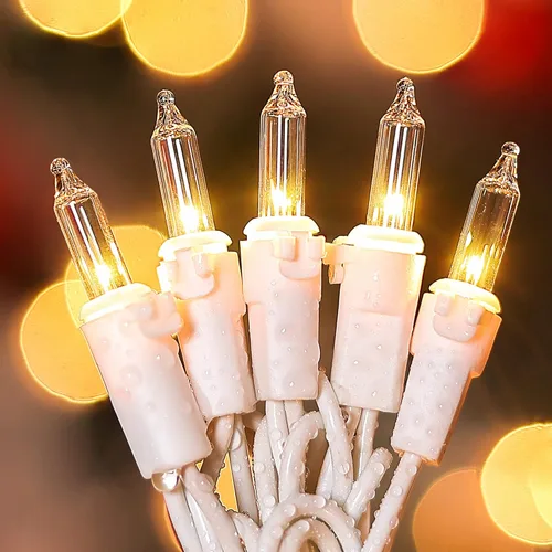 Vista 8 de 50 unidades de luces de árbol de Navidad verdes con cable verde, 13 pies, foco incandescente impermeable, luces de hadas enchufables, mini cadena