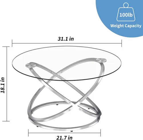 Vista 2 de OIOG Mesa de centro redonda, mesas de centro de cristal para sala de estar, mesa de centro moderna con mesa de vidrio templado, acabado cromado