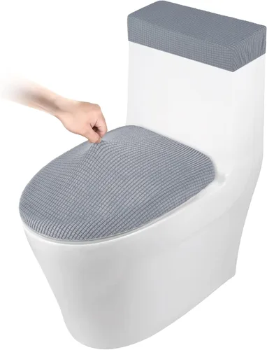 Vista 10 de Funda para tapa de inodoro y tanque de inodoro, juego de fundas elásticas para inodoro para baño, tela jacquard de poliéster y elastano, lavable a