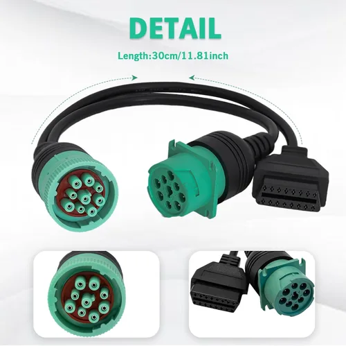 Vista 3 de Cable adaptador hembra J1939 de 9 pines a OBD 2, funciona con escáner de diagnóstico de camión tipo 2 verde J1939 conector de diagnóstico, OBD a 9