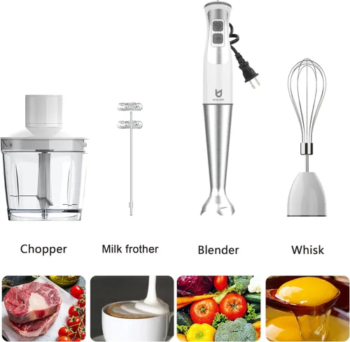 Vista 3 de Batidora de inmersión manual, UTALENT 5 en 1 de 8 velocidades con picadora de alimentos de 500 ml, recipiente de 600 ml, espumador de leche, batidor