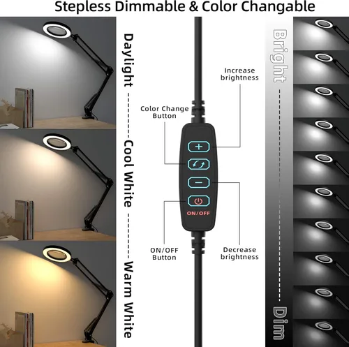 Vista 3 de Sourcingbay Lámpara de escritorio con aumento LED con abrazadera para lectura, computadora, dibujo, reparaciones, brazo giratorio ajustable de 29