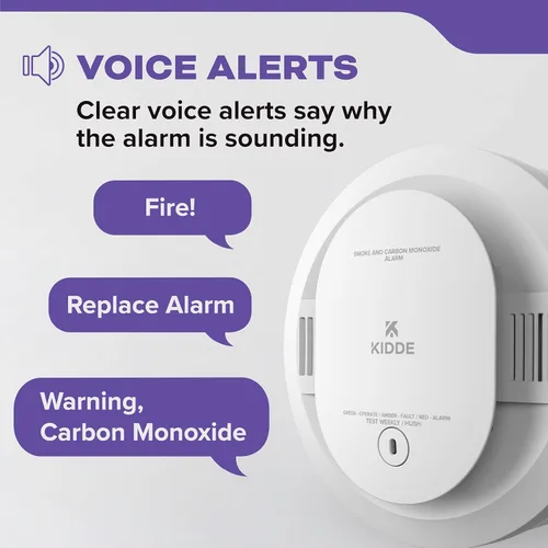 Vista 4 de Kidde - Detector de humo y monóxido de carbono, funciona con pilas AA, alertas de voz, indicadores de luz de advertencia LED, 30CUDR-V