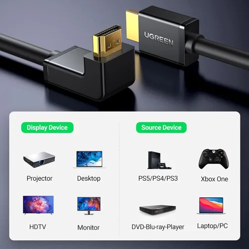 Vista 7 de UGREEN Cable HDMI en ángulo recto 4K 90 grados, cable HDMI de alta velocidad en ángulo descendente, cable HDMI 2.0, 4K @60Hz HD 3D 1080P ARC