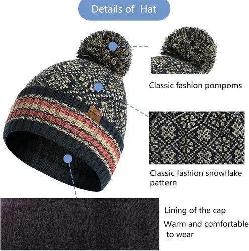 Vista 6 de 3 piezas de gorro de invierno bufanda y guantes para pantalla táctil para mujer, gorro de punto, gorro de cuello cálido, bufanda con forro polar