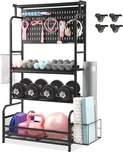 Taller Home Gym Storage Organizer, Yoga Mat Storage Rack with Hanging Board, Exercise Workout Equipment Storage Stand for Home Gym, Dumbbell Holder