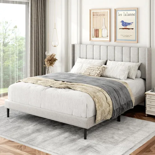 Vista 93 de Base de cama tamaño Queen con cabecera tapizada con respaldo de ala, plataforma de fácil montaje, soporte de listones de madera, no necesita somier