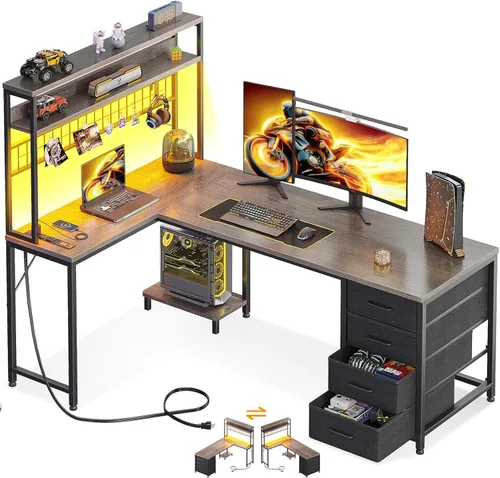 Vista 10 de AODK Escritorio en Forma de L para Gaming con Luz LED y Toma de Corriente, Mesa de Computadora Reversible en Forma de L de 43 Pulgadas con Estante