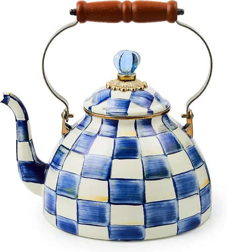 Vista 19 de MACKENZIE-CHILDS Hervidor de té esmaltado, elegante hervidor de té para estufa, cuadros esmeralda verde y blanco, 2 cuartos