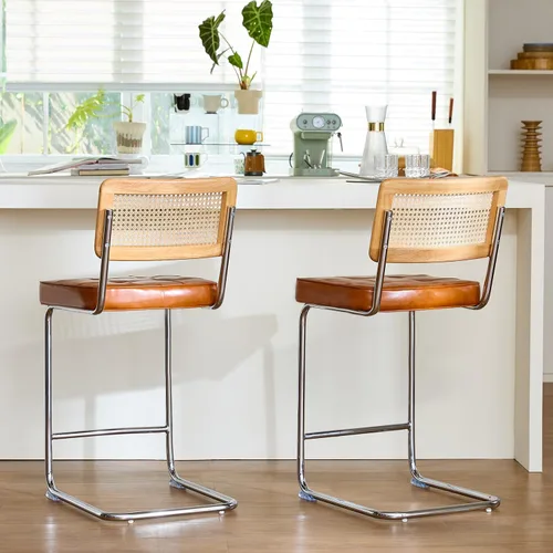 Vista 38 de Juego de 3 taburetes de ratán natural con respaldo de madera maciza, taburetes de bar Cesca modernos de mediados de siglo de 24 pulgadas, taburete