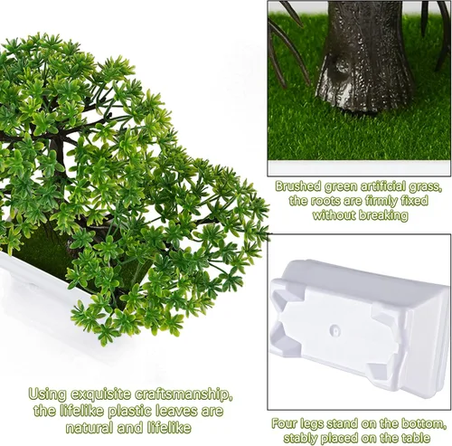 Vista 4 de Frjjthchy. Mini plantas de bonsái artificiales con macetas de cemento de plástico para la decoración del hogar y la oficina (verde)
