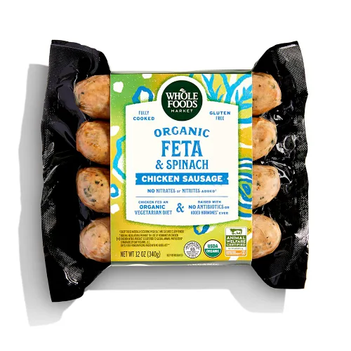 WHOLE FOODS MARKET Salchicha de pollo orgánica con espinacas y feta, 12 onzas