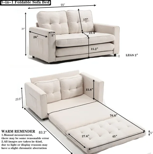 Vista 3 de Sofá cama futón, sofá futón plegable convertible, sofá pequeño transpirable, sofá reclinable ajustable para estudio compacto en sala de estar y Beige