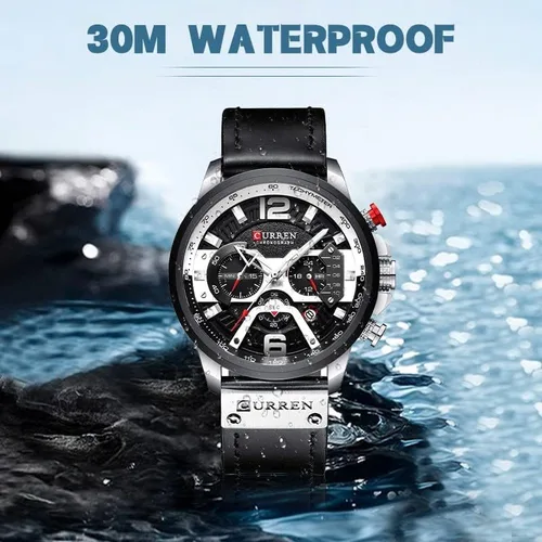 Vista 3 de Reloj de pulsera analógico de cuarzo para hombre, cronógrafo, impermeable, correa de cuero, correa de cuero, reloj de pulsera