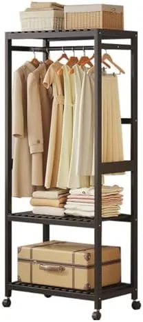 Vista 11 de Bamboo Wooden Clothes Rack with Shelves, Portable Free Standing Wardrobe, Garment Rail with 2 Storage Shelves & Wheels for Bedroom Organization