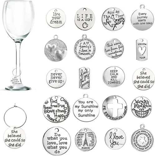 20 piezas de dijes para copas de vino, marcadores de bebida con texto de inspiración y temática de cáliz con diseño de hebilla para vino, cóctel,