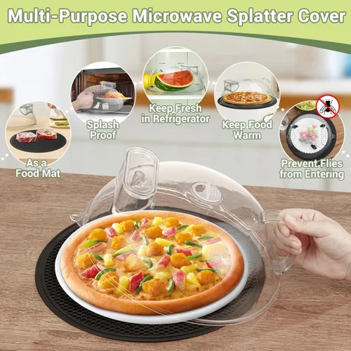 Vista 7 de Cubierta antisalpicaduras para microondas para alimentos, tapa transparente con vaporizador de agua, asa integrada, protector contra salpicaduras