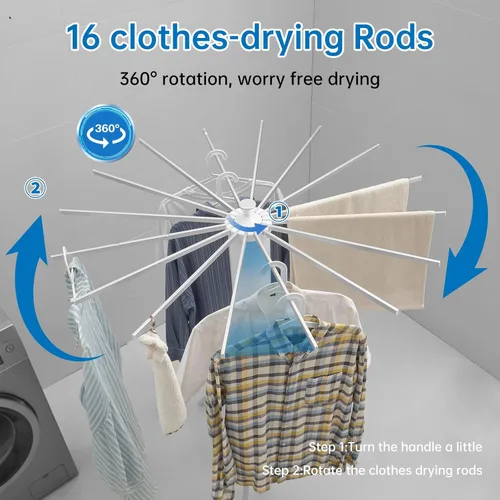 Vista 5 de RUMOSE Trípode de secado de ropa plegable y portátil, para ahorrar espacio, de aluminio, con 16 postes, plateado y blanco, para el suelo, plegable