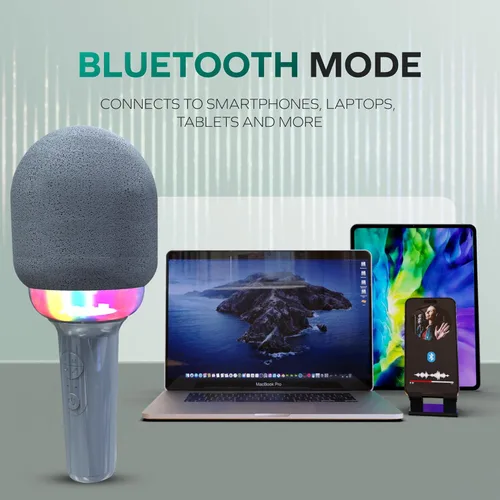 Vista 6 de Coby Micrófono LED para karaoke, micrófono inalámbrico con 5 modos de luz y 4 modos de cambio de voz, altavoz Bluetooth compatible con smartphone