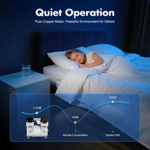 Vista 3 de Bomba de vacío de diafragma sin aceite, bomba de vacío sin aceite de 1100 W, bomba de vacío de diafragma silenciosa sin aceite 7CFM con cabezal