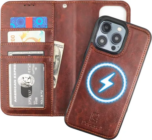 Vista 11 de Funda tipo cartera desmontable Bocasal para iPhone 15 Pro Max con bloqueo RFID, ranuras para tarjetas, soporte magnético, cuero PU premium, atril