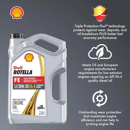 Vista 4 de Shell Rotella T5 FE 10W-30 Aceite de Motor Diésel de Mezcla Sintética, 1 Galón (Paquete de 3)
