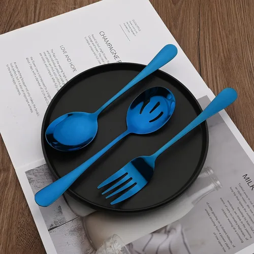 Vista 4 de Juego de 8 utensilios azules para servir, juego de cubiertos de acero inoxidable, incluye servidor de pasteles, cuchara ranurada, cuchara