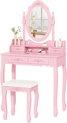 Vista 9 de Alohappy - Juego de mesa de maquillaje con espejo y taburete para niñas, mesa de maquillaje y taburete acolchado con 4 cajones, tocador de madera