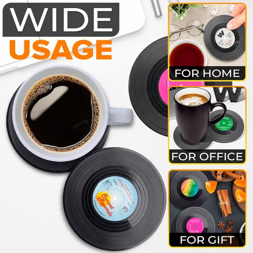 Vista 4 de 6 posavasos de discos de vinilo para bebidas - 4.1" regalo retro posavasos de tocadiscos para escritorio - juego de mini discos de vinilo duraderos
