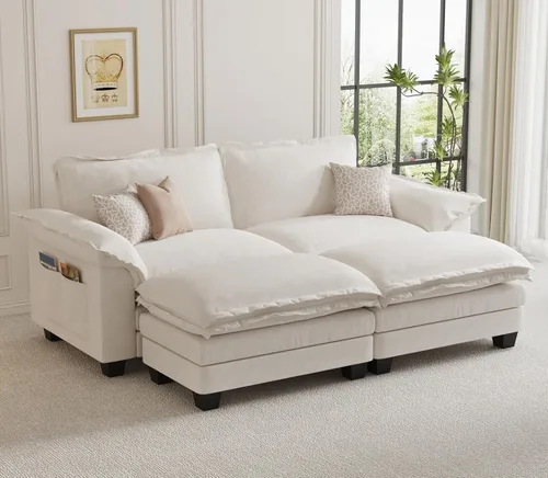 KKL Sofá cama modular seccional, sofá de nube de 4 plazas con otomana, sofás seccionales de felpilla para sala de estar, apartamento, beige