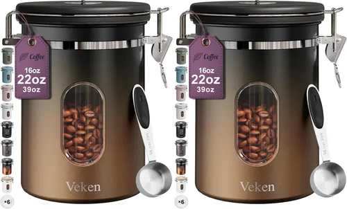 Vista 17 de Veken Recipiente de café con ventana, recipiente hermético de almacenamiento de alimentos de cocina de acero inoxidable con tapas, rastreador